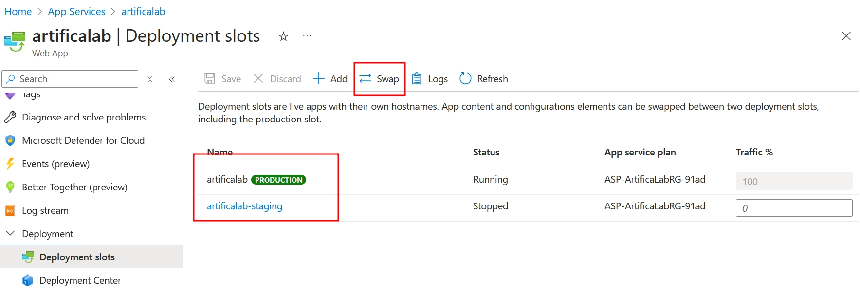 Deployment slots in Azure App Service